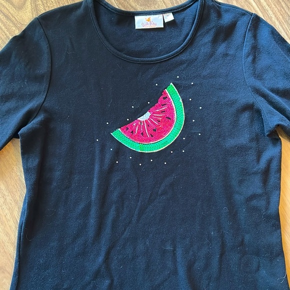 Quacker Factory Sequin Watermelon Slice Black Short Sleeve Knit Tee Top Medium - Picture 2 of 5